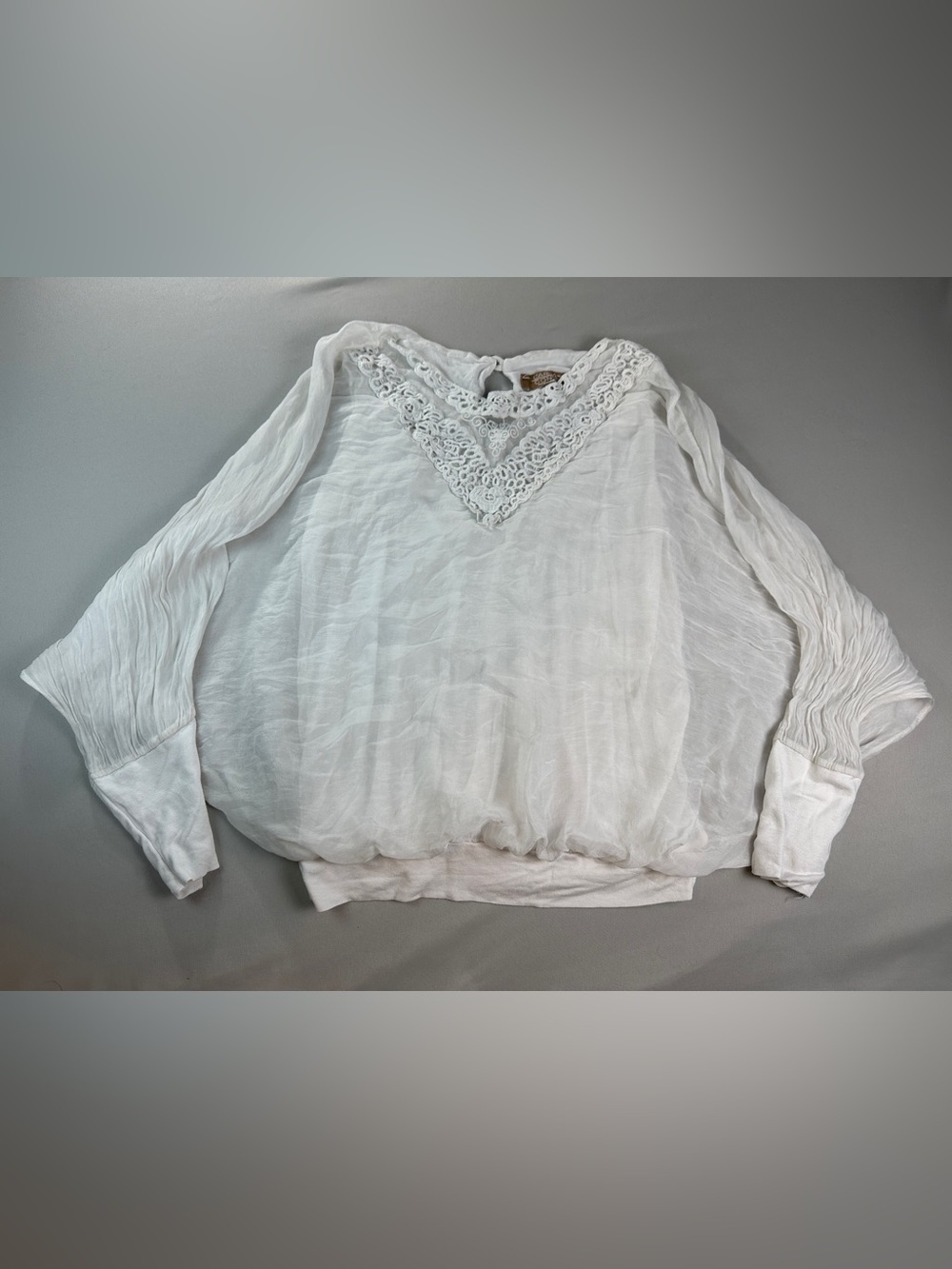 Carla Conti Flowy Sheer Blouse White Lace-Trim Lightweight Whimsy Top